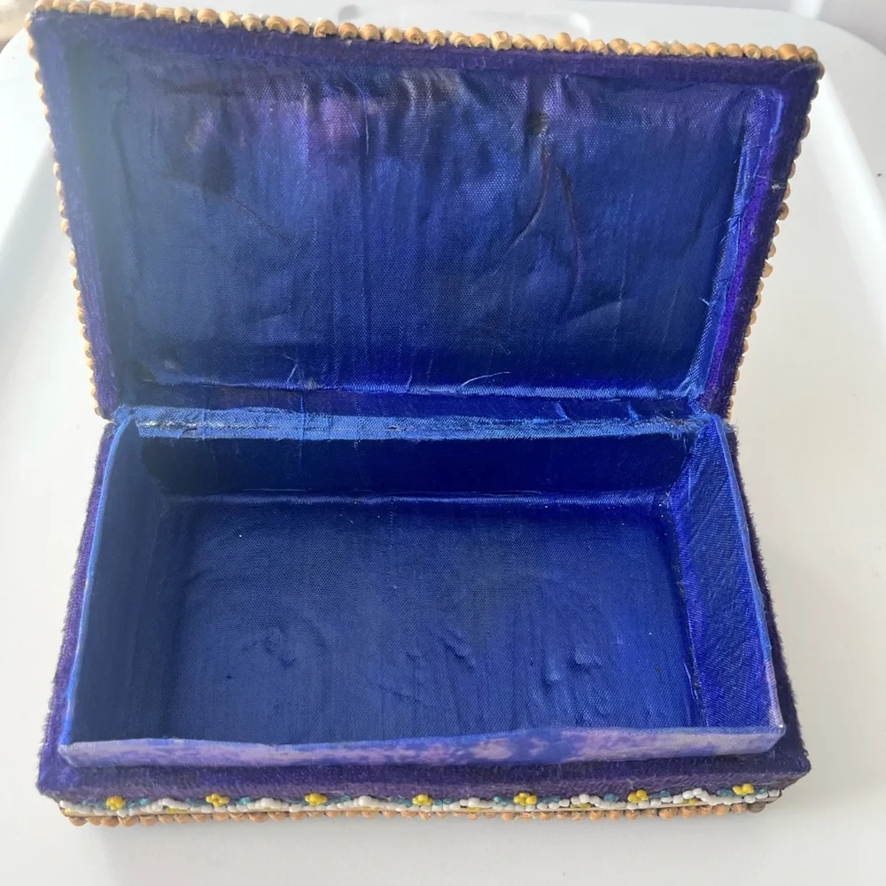 Vintage Blue Trinket Box Art Bead Work Handcrafted